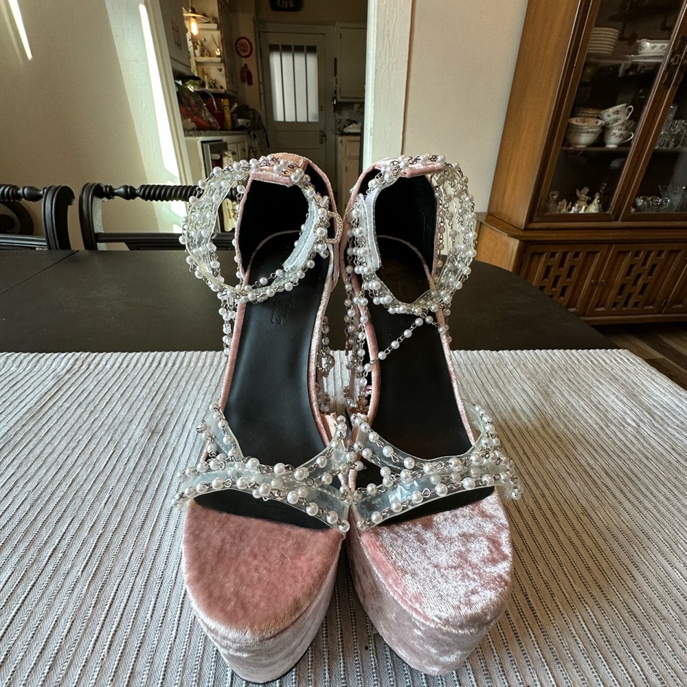 Sugar Thrillz Pink Velvet Pearl Embellished Platform Heels - Picture 3 of 5